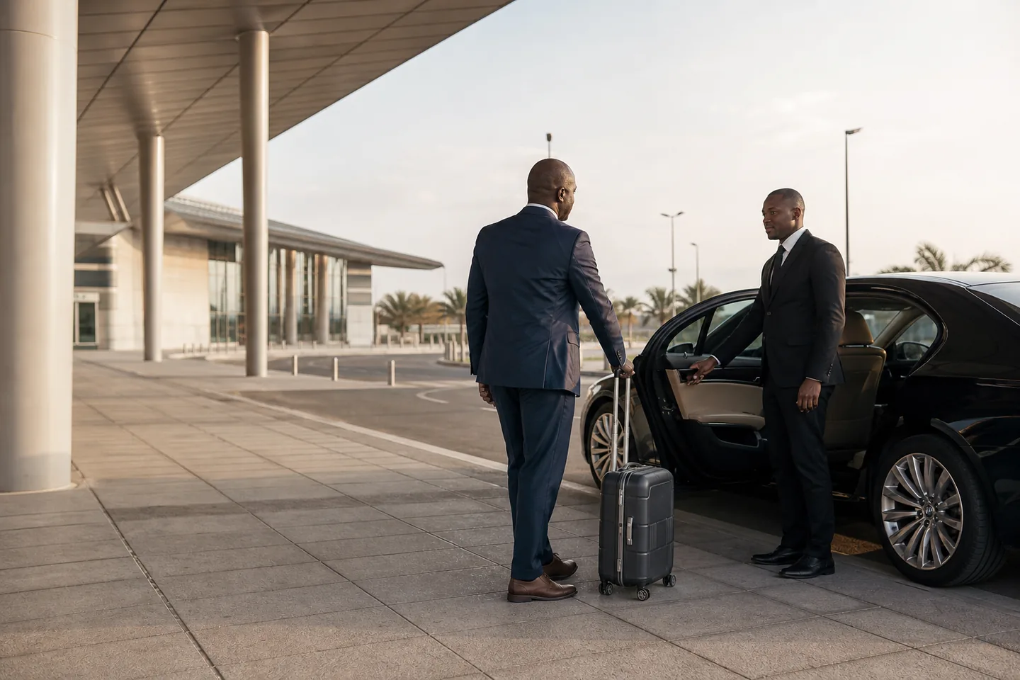 A driver assisting a business traveller with luggage beside an executive vehicle at a modern arrival terminal.